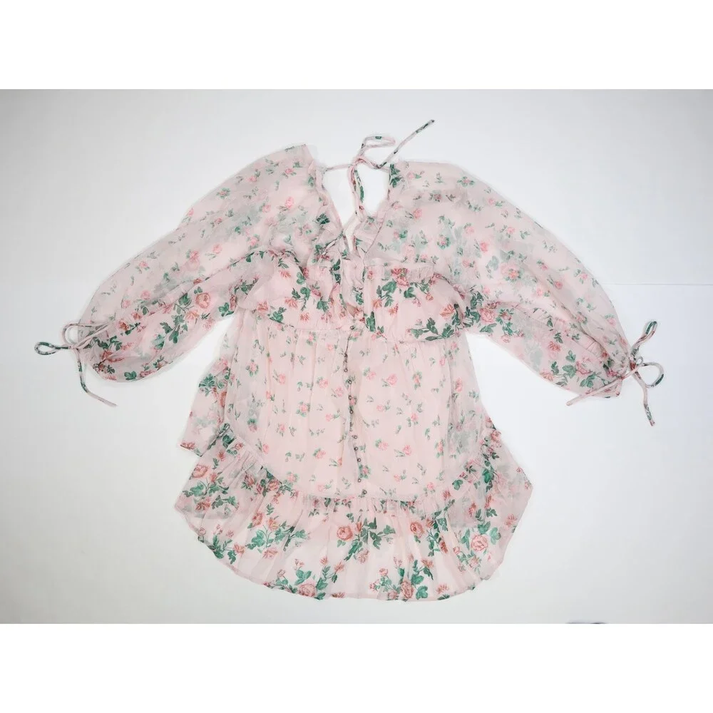 ASOS DESIGN Dress Womens 12 Pink Floral V Neck Long Sleeve Ruffle Skater Mini - Picture 6 of 11